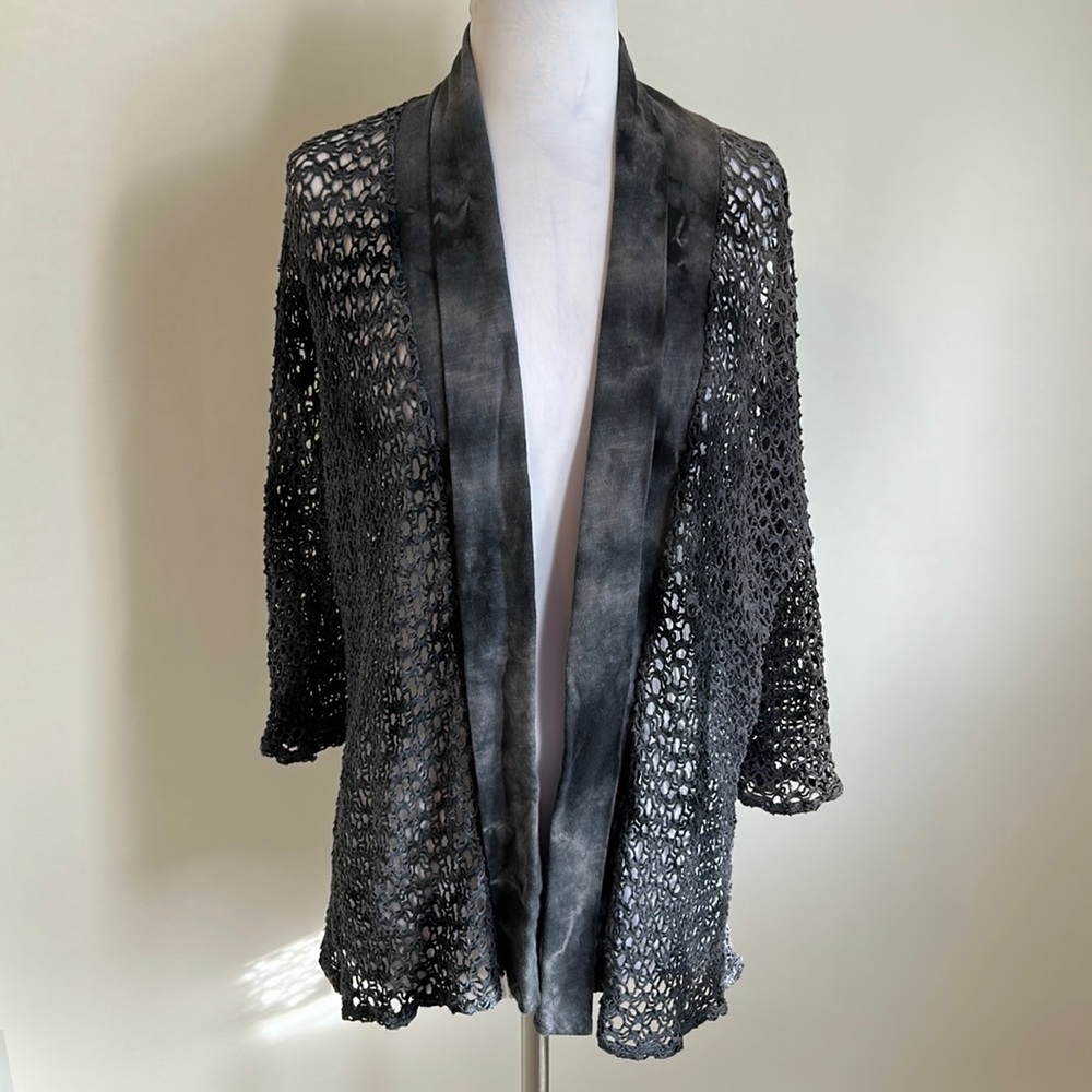 T Party Fashion Open Knit Crochet Cardigan with Satin Trim in Charcoal Gray
